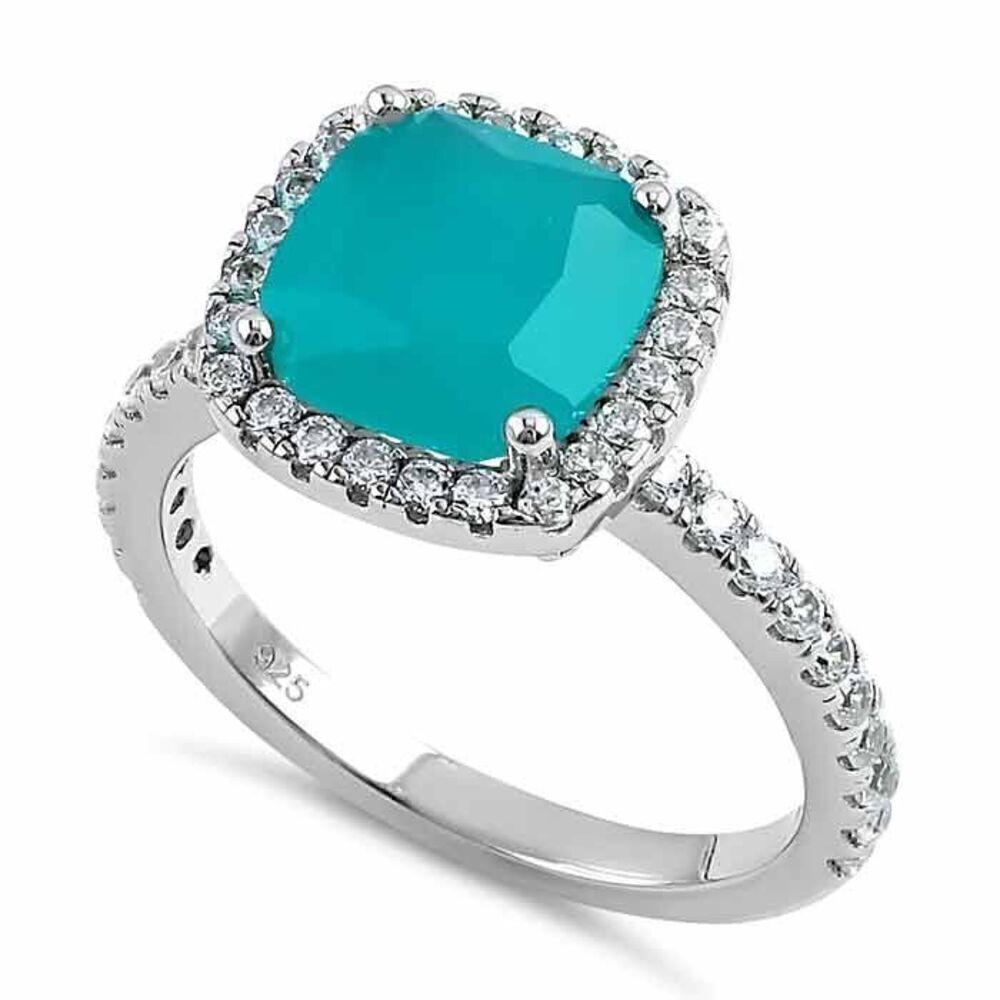 Cushion Cut Turquoise Cloudy Glass and Clear CZ Sterling Silver Ring
